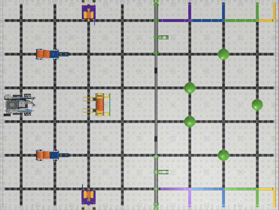 Top-down view of the VIQRC Virtual Skills Slapshot Playground field layout with grid measurements and starting configurations.