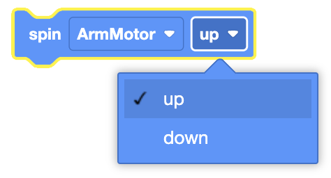 Image illustrating the Spin block for motor control in VEXcode VR, demonstrating motor direction and operation.