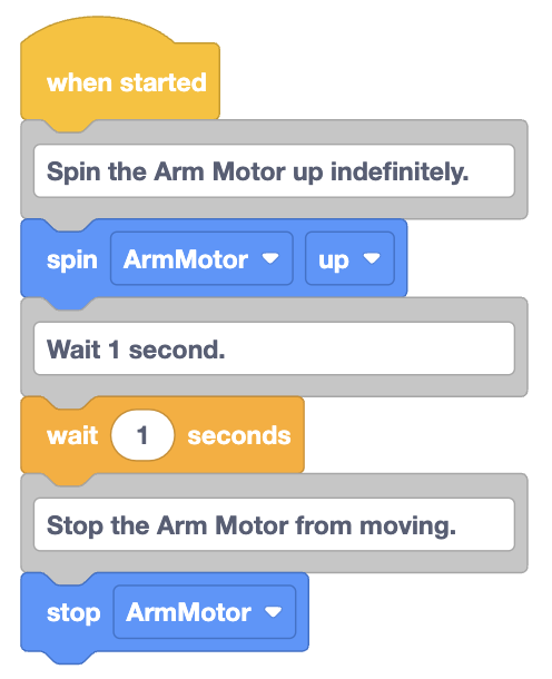Diagram illustrating the VEXcode VR Spin block for motor control, demonstrating motor direction and duration settings.