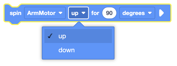 Image depicting the VEXcode VR Spin block used to control motor direction and movement duration in programming.