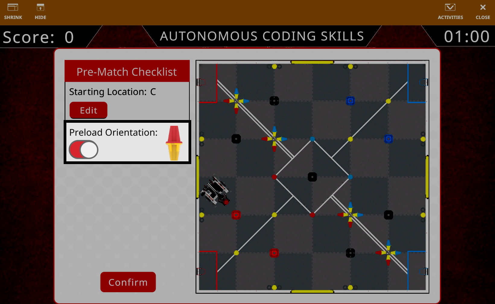 The Override Playground Pre-Match checklist showing the starting direction selection options.
