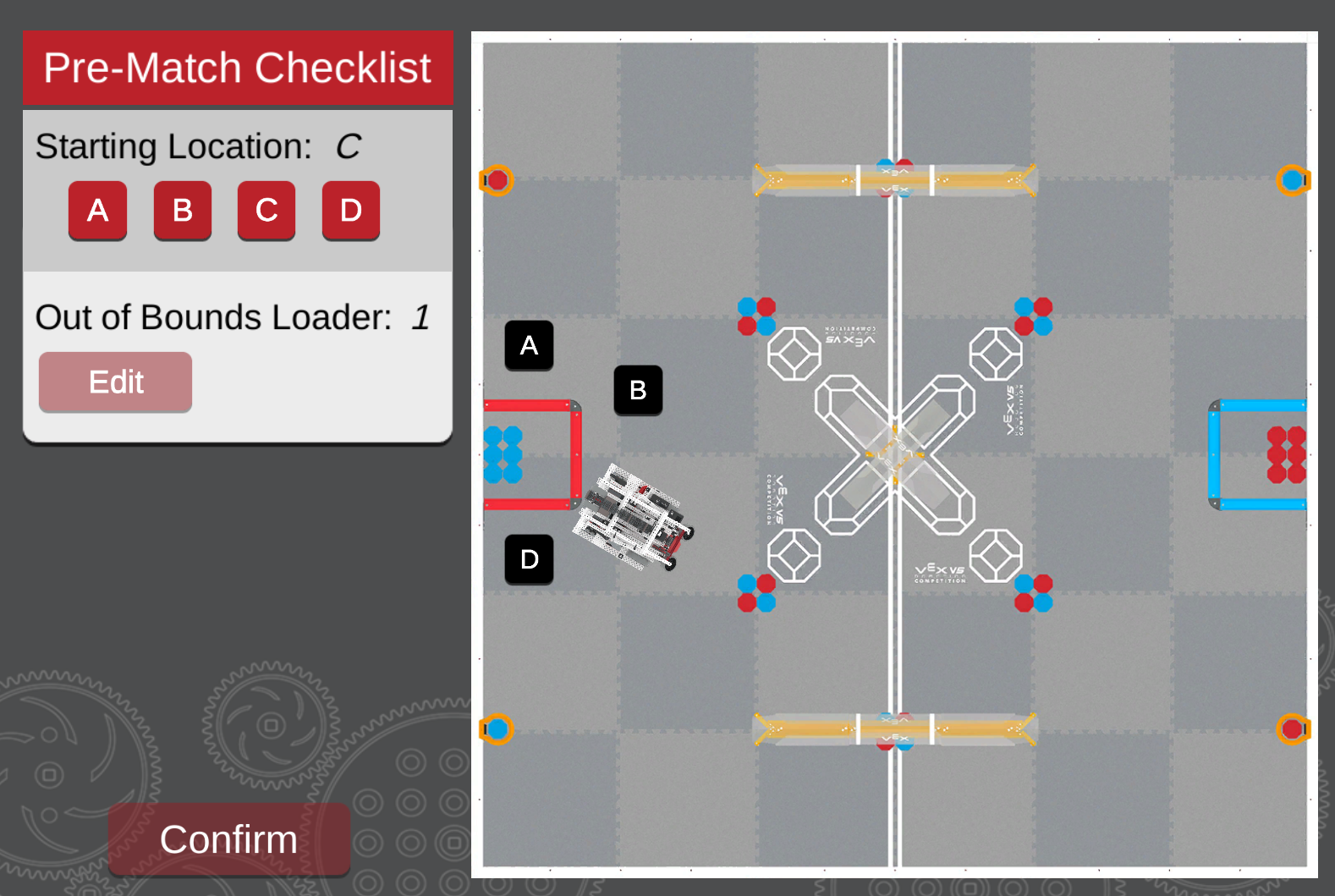 VEX Robotics match field showing selectable starting positions labeled A, B, C, and D, with robot placed near location C and a checklist interface on the left.