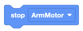 The image shows a coding block that commands the "ArmMotor" to stop.