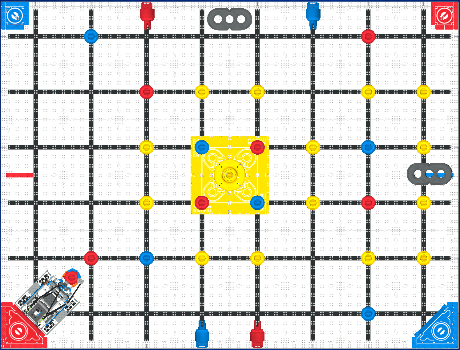 Top-down view of a VEX IQ robotics game field with a robot by a red corner, with pins, and other scoring elements arranged on a grid