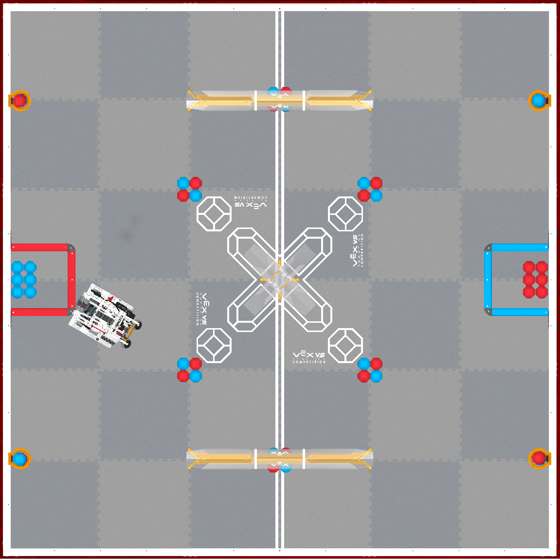 Full top-down view of the VEX Robotics competition field, showing scoring zones, field elements, and a robot positioned near the red alliance area.