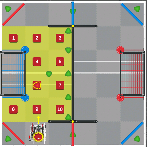 Image of Triballs, colored green, red, and blue, used in V5RC Virtual Skills Over Under Playground game element.
