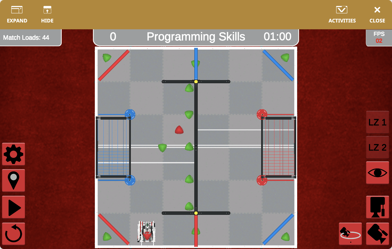 The VEXcode VR Playground window showing the V5RC 23-24 Over Under Playground. It shows the Striker Robot scoring Triballs and Elevate in the V5RC 23-24 Virtual Skills field.