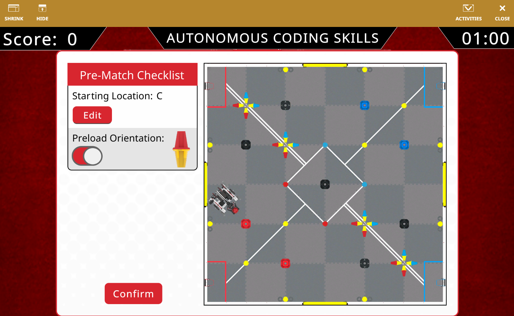 The VEXcode VR Playground window showing the V5 26-27 Override Playground. It shows the Flex Robot in the V5 26-27 Virtual Skills field.