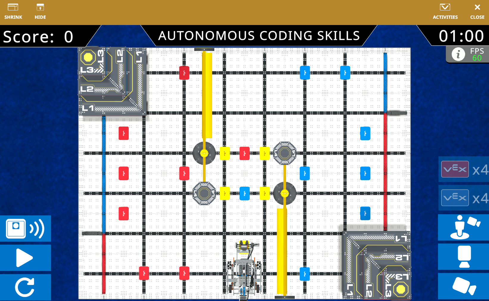 The VEXcode VR Playground window showing the IQ 26-27 Level Up Playground. It shows the Flop Robot in the IQ 26-27 Virtual Skills field.
