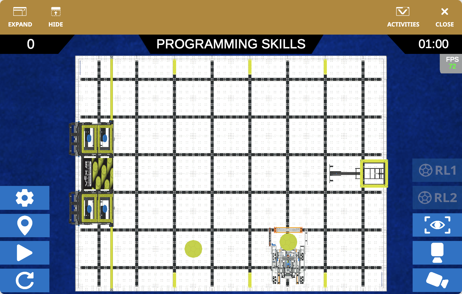 The VEXcode VR Playground window showing the VIQRC 24-25 Rapid Relay Playground. It shows the Swish Robot collecting and launching Balls in the VIQRC 24-25 Virtual Skills field.