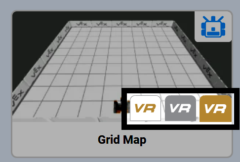 The thumbnail for the Grid Map layout in the Playground Selection Window, highlighting the three visible white, silver, and gold VR logos, showing that this playground can be accessed by VEXcode VR Free, Enhanced, and Premium license holders.