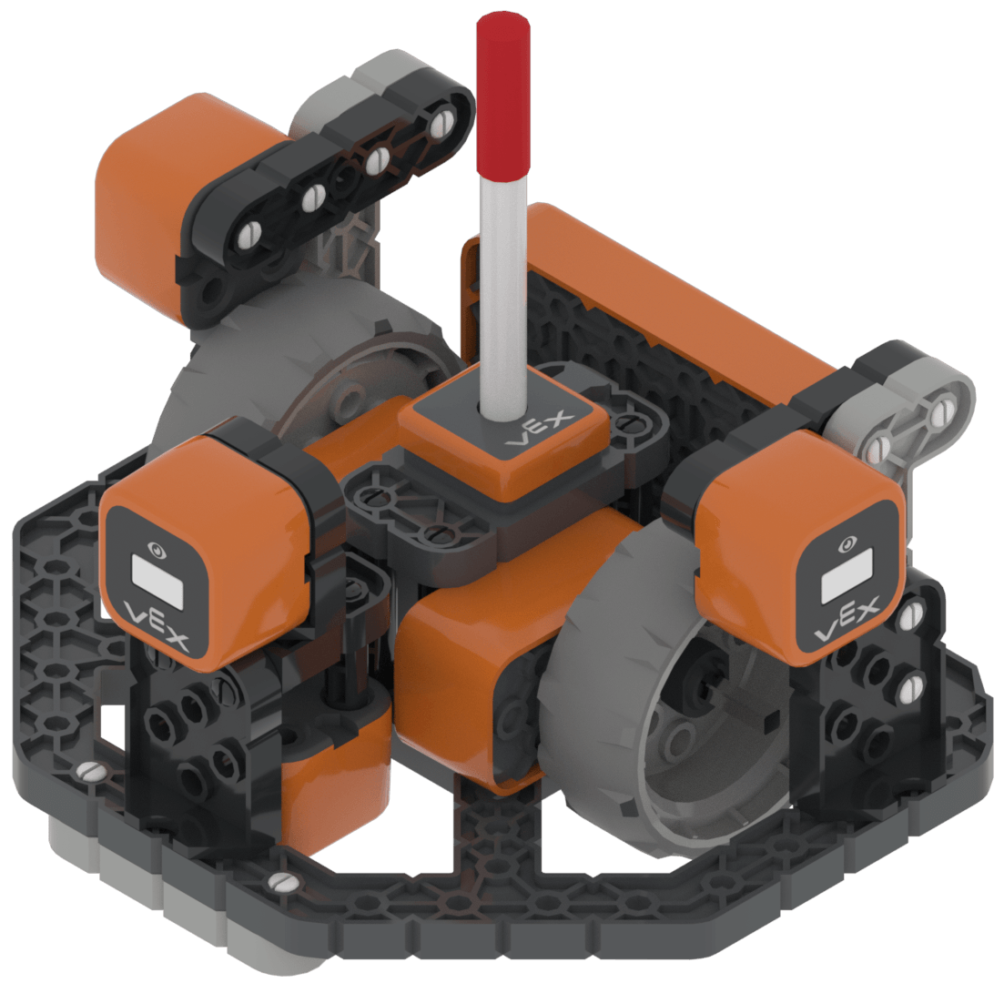 The VEXcode VR Robot window showing the VR MazeBot. It shows the robot navigating a maze using multiple Distance Sensors and a downward-facing Eye Sensor.