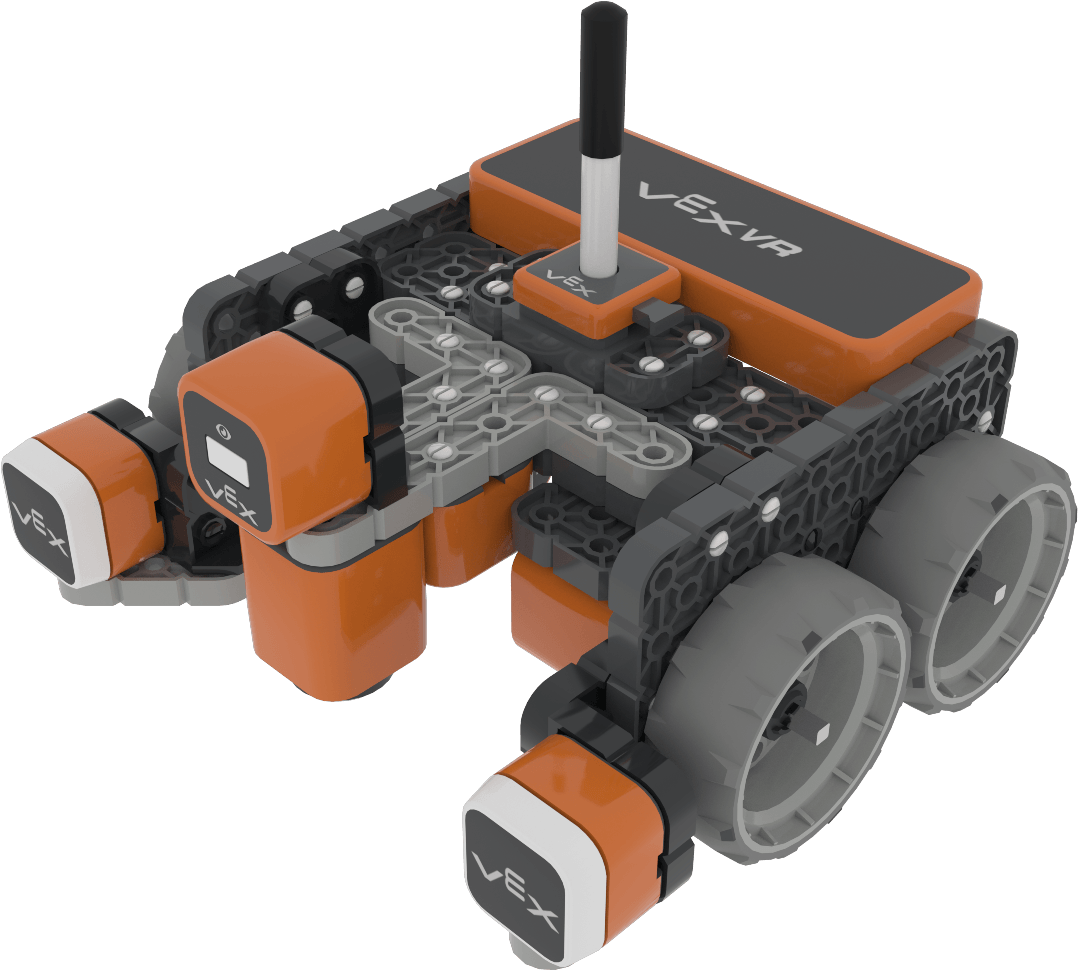 The VEXcode VR Robot window showing the Standard VR Robot. It shows the robot moving and turning, sensing objects with its sensors, and drawing on the Playground.