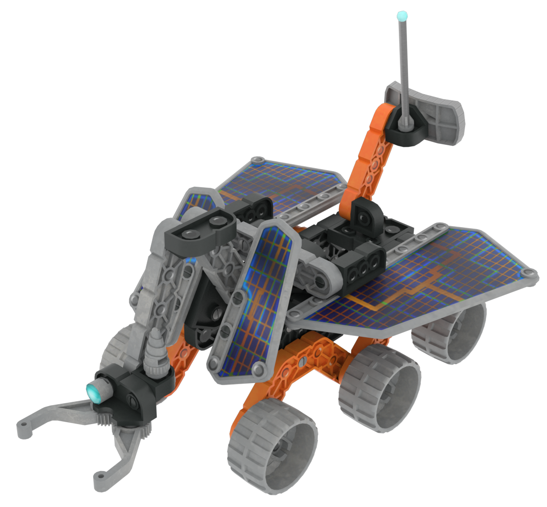 The VEXcode VR Robot window showing the VR Rover. It shows the robot exploring an alien environment, collecting minerals, avoiding enemies, and keeping the rover alive.