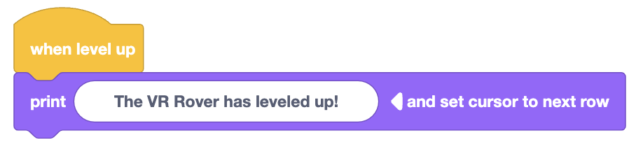 VR Rover leveling up, displaying a message on the Print Console after gaining experience points.