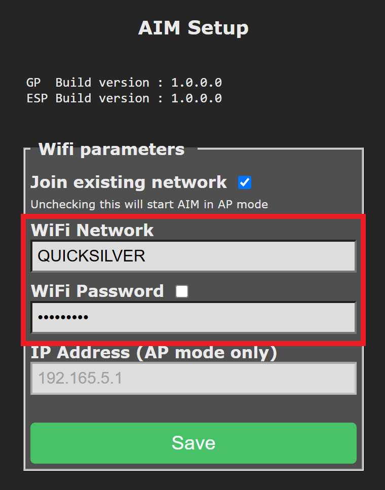 AIM 机器人的 WiFi 设置表单，已勾选“加入现有网络”，网络名称输入为 QUICKSILVER，并填写了隐藏密码字段。IP 地址字段显示为灰色。