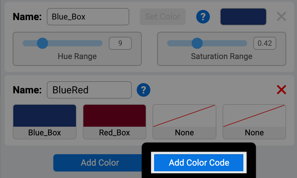 Zoomed in view of the new color code section of the AI Vision Utility with a highlight on the Add Color Code button beneath the code configuration, to the right of the Add Color button.