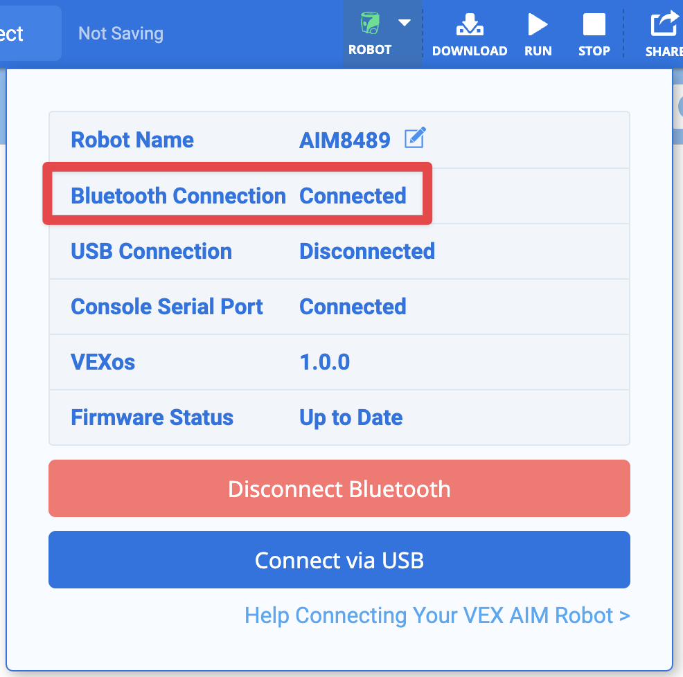 AIM 机器人的屏幕显示驱动器图标，左上角显示稳定的绿色蓝牙符号，表示连接成功。