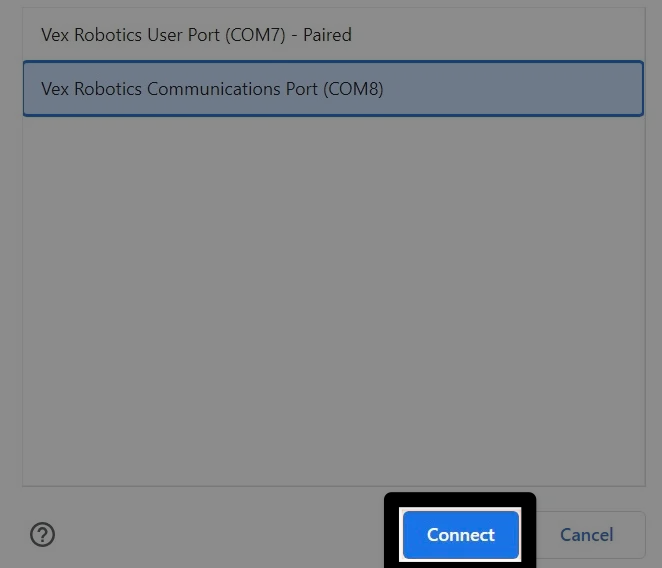 Same image as the one previous, with the Connect button in the lower right corner highlighted.