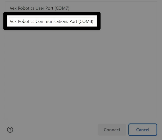 Screenshot of the next prompt that reads Select the Communications Port. The communications port is listed second and highlighted.