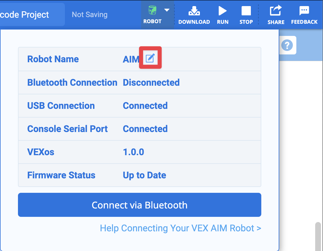 在 VEXcode AIM 屏幕的右上角编辑机器人的名称。
