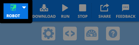 Screenshot of the upper right hand corner of the VEXcode AIM Toolbar with the green Robot icon highlighted, to the left of the Download icon.