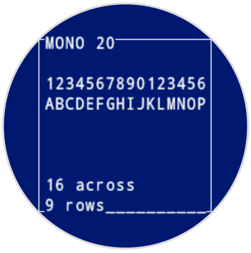 机器人屏幕上打印了 MONO 20 字体的数字和字母。显示为 AP。屏幕底部显示 16 个 9 行的字符。