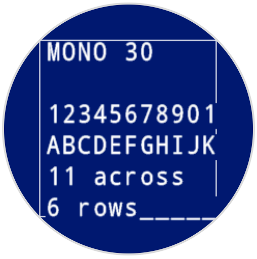 机器人屏幕上打印了 MONO 30 字体的数字和字母。它显示了 AK。在屏幕底部，它有 11 个字符，6 行。
