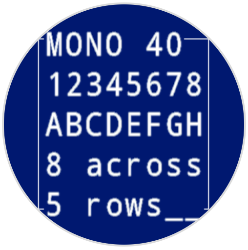 机器人屏幕上打印了 MONO 40 字体的数字和字母。它显示了 AK。屏幕底部有 8 个 5 行的字体。