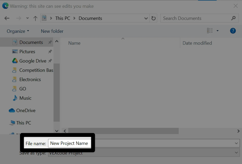 A Windows file saving dialog window, with the File Name reading New Project Name on the bottom highlighted.