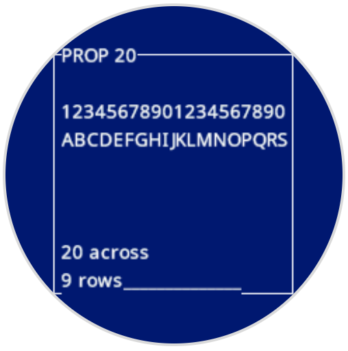 机器人屏幕上打印了PROP 20字体的数字和字母。它显示了AS。在屏幕底部，它有8个横排和9行。