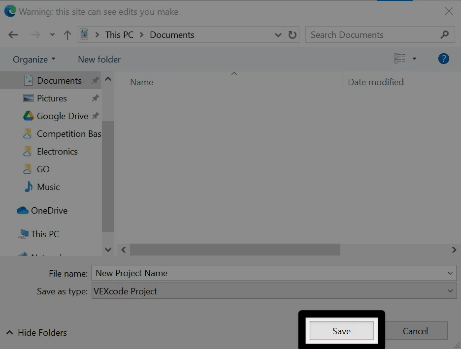 相同的 Windows 文件保存对话框，这次右下角的“保存”按钮突出显示，指示选择什么来将项目保存到设备。