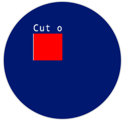 机器人的屏幕左上角显示一个红色方块，上面写着“Cut o”，停在屏幕中央。