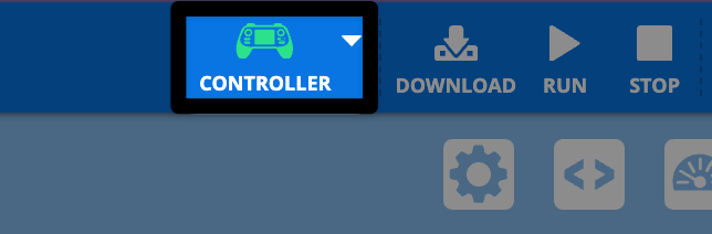 VEXcode AIR toolbar with a highlighted ‘Controller’ button, alongside Download, Run, and Stop buttons.