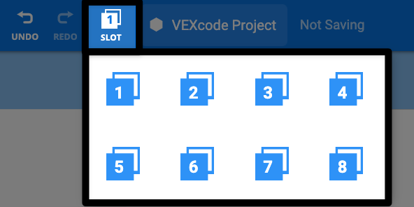 VEXcode AIR 工具栏的中心突出显示了插槽号,下拉菜单显示了可用的插槽 1 到 8,指示选择什么来更改插槽号。