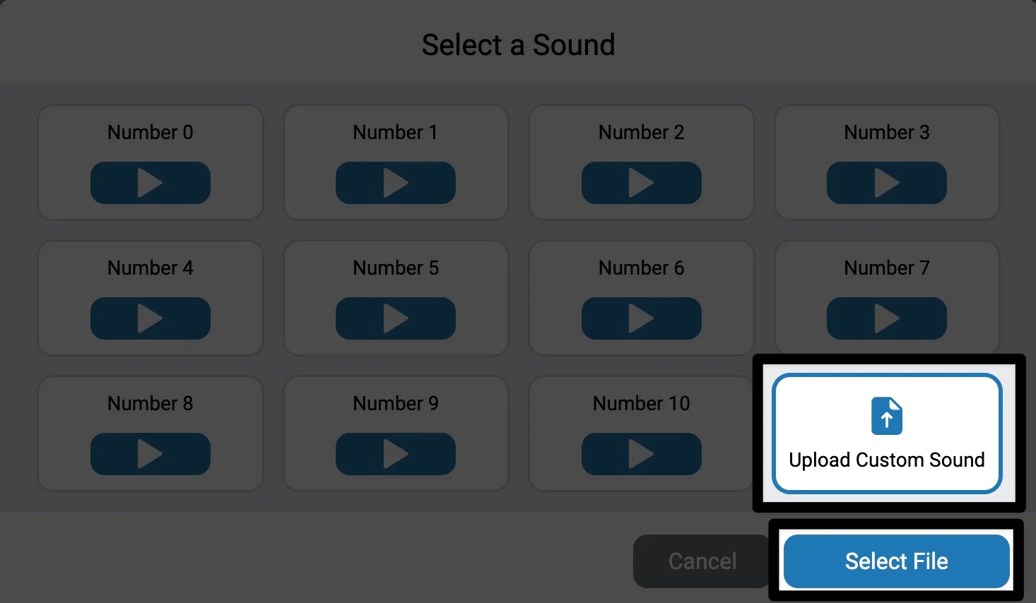 The same image as the one previous, now with the Upload Custom Sound option in the lower right corner of the grid highlighted, along with the Select File directly below it.