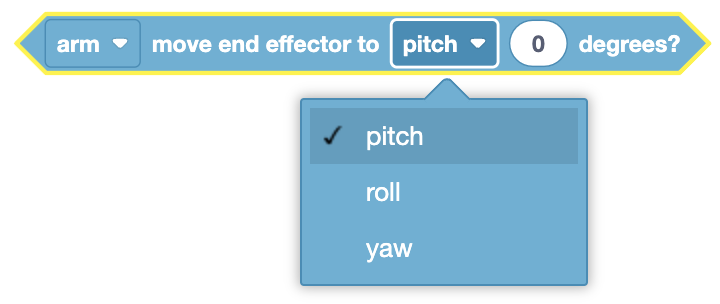 图片显示了一个代码块，用于沿 x、y 和 z 轴按特定值递增“手臂”的位置。该代码块允许您输入这些坐标的值并选择测量单位，可以是毫米 (mm) 或英寸，如下拉菜单所示。该代码块呈六边形，表明它很可能用于条件或循环结构中，以便在执行过程中调整手臂的位置。