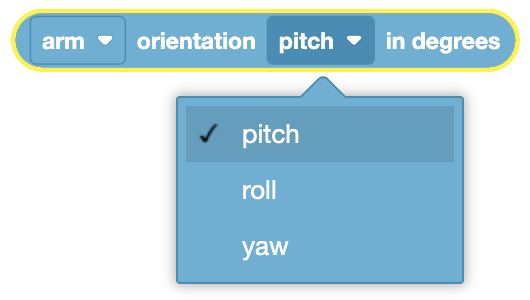 图片展示了一个用于测量和输出机械臂方向的模块。该模块被设置为确定沿俯仰轴的方向，并提供了俯仰、滚转和偏航三种选项。所选方向（在本例中为俯仰）将以度为单位进行测量，输出将采用指定的单位。下拉菜单允许用户在俯仰、滚转和偏航三种选项之间进行选择，以确定他们想要测量的具体方向轴。
