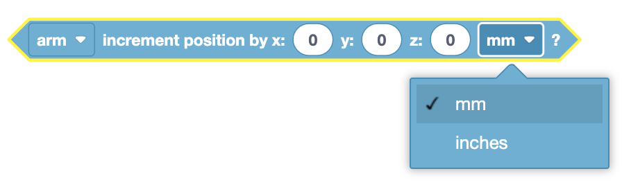 图片展示了可视化编码环境中的六边形模块，该模块旨在控制“手臂”在 3D 空间中移动到特定位置。该模块允许用户设置 x、y 和 z 坐标，当前设置为 0。测量单位可以从下拉菜单中选择，当前选择“毫米”，另一个选项是“英寸”。该模块可以使用毫米或英寸精确定位手臂。