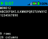 The Brain's screen printed numbers and letters with size MONO 12 font. It shows A through Z and all numbers. On the bottom of the screen, it says 9 rows, 26 columns.