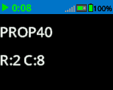 The Brain's screen printed numbers and letters with size PROP 40 font. On the bottom of the screen, it says R:2 C:8.