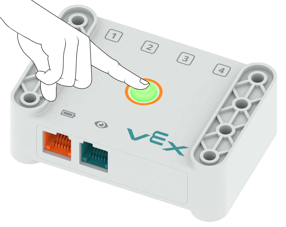 照片显示，一只手指正在按下 VEX GO 主控模块的电源按钮。