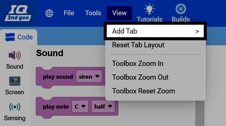 Screenshot of the View menu with Add Tab highlighted.