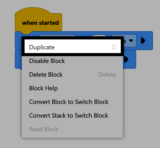 Screenshot of a block's right-click context menu, with Duplicate highlighted.
