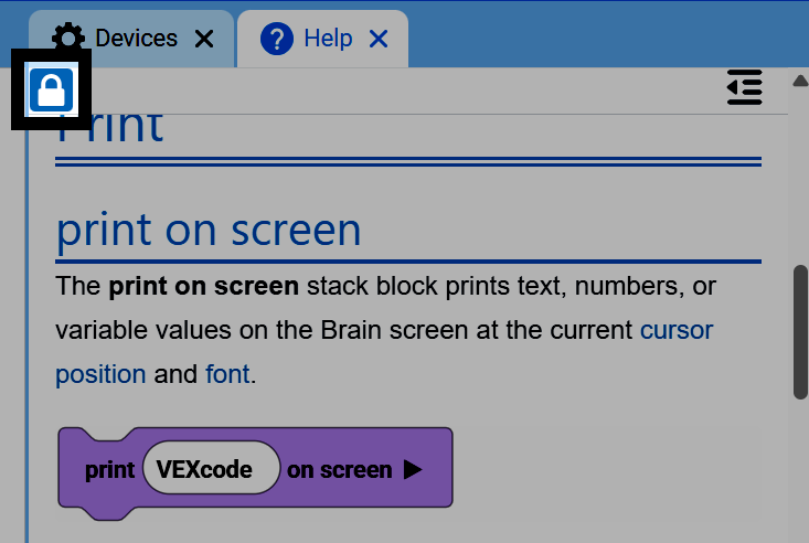 Screenshot of the Help tab with the lock icon highlighted, above the print on screen block's Help entry.