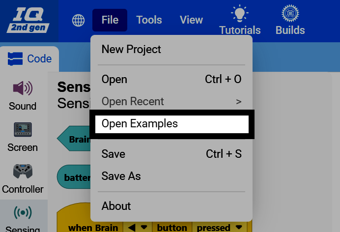 Screenshot of the File menu open, with the Open Examples option highlighted.