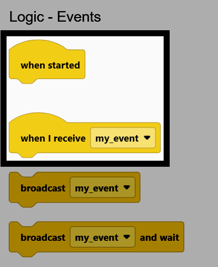 Screenshot of the Logic - Events toolbox category, with the when started and when I receive blocks highlighted.