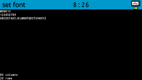 A screenshot of the V5 Brain screen with numbers and letters printed in white in the upper left corner in MONO 12 font. It shows A-Z on one line, across about a quarter of the width of screen. In the bottom left corner it reads 80 columns and 20 rows.