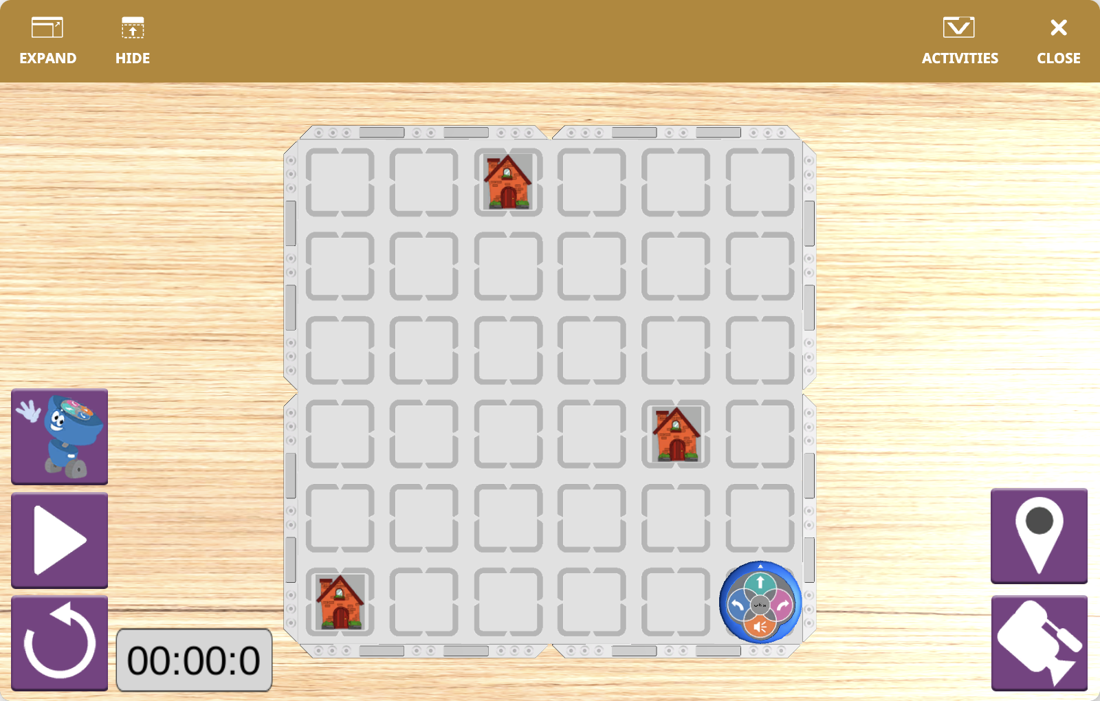 The VEXcode VR Playground window showing the 123 Playspace Playground. It shows the VR Robot navigating to a house to ring the doorbell and run away.