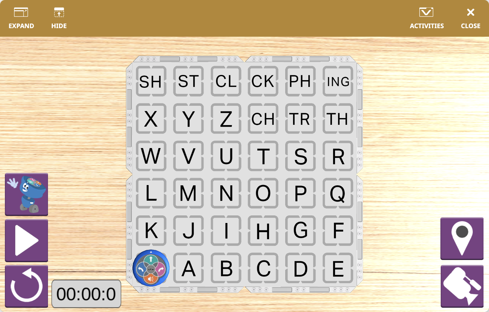The VEXcode VR Playground window showing the 123 Playspace Playground. It shows the VR Robot navigating through letters to write words.